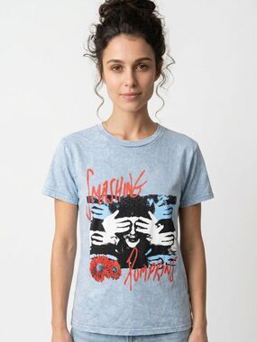 SMASHING PUMPKINS | NEW Blue Acid Wash Short Sleeve Band Tee Women’s Size Small